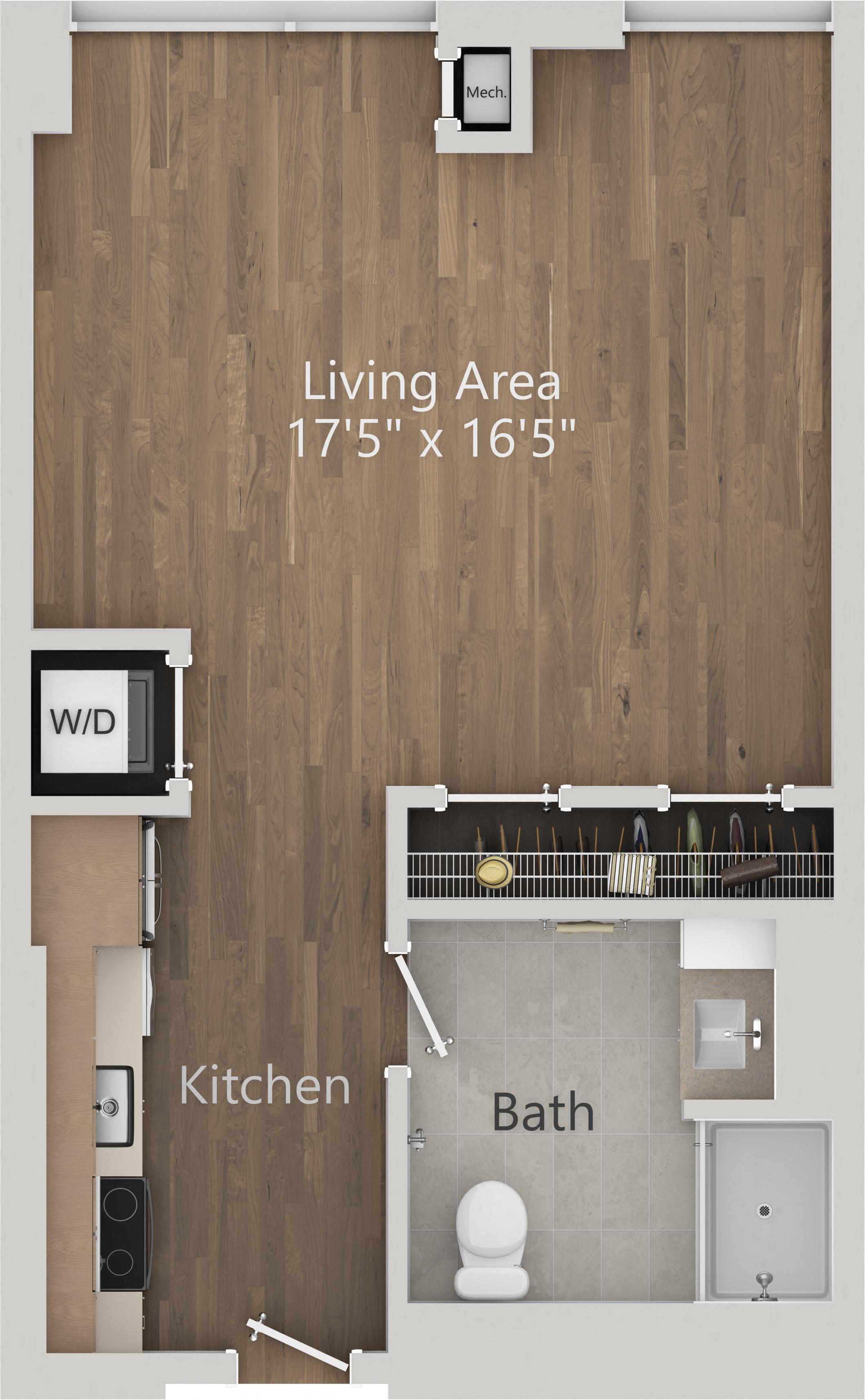 Floor plan for studio, 1 bath, 520 sqft